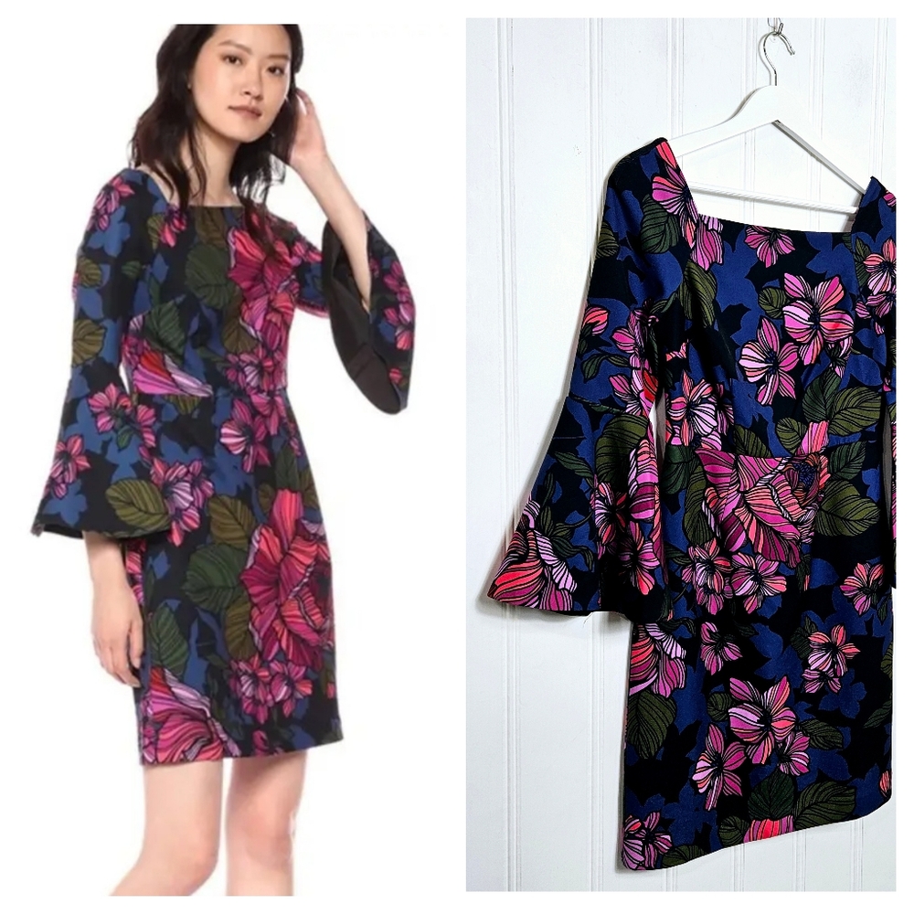 Trina Turk Dress Size 0 Miley Bell Sleeve Square Neck Floral Resort Blue Multi